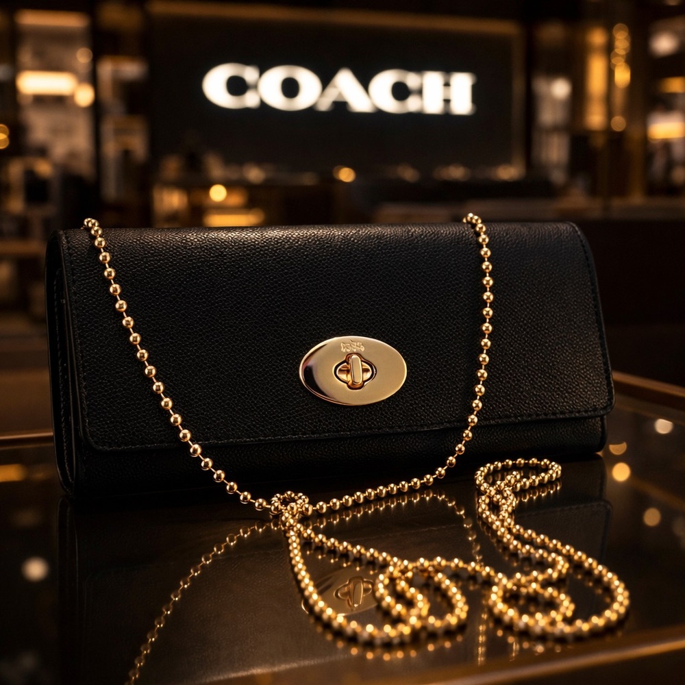 🌸Coach Turnlock Chain Crossbody in Refined Leather Black Gold Hardware